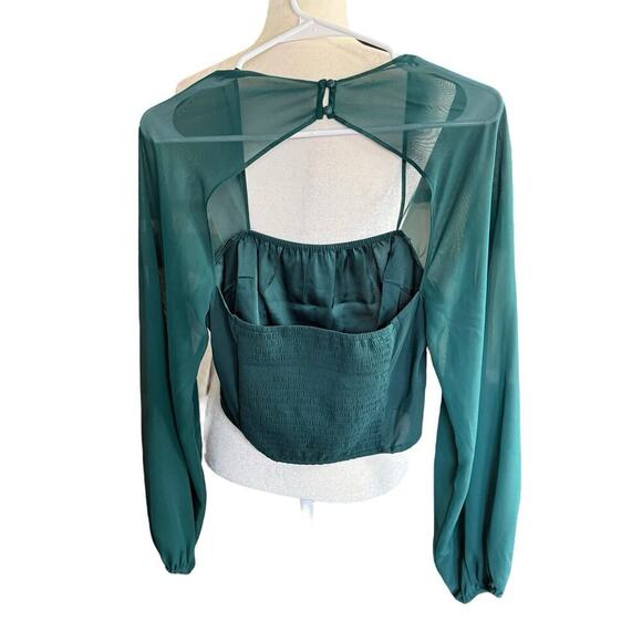 Express Square Neck Cut-Out Back Blouson Sleeve Top M Green Smocked Crop Fairy - Picture 3 of 8